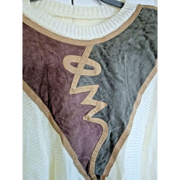 Vintage Women's L/XL Cream High Neck Sweater Fitted Slvs Suede Accents No Tags - Picture 3 of 4